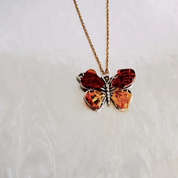 Amber Carved Butterfly Pendant with Gold tone chain - Picture 6 of 6